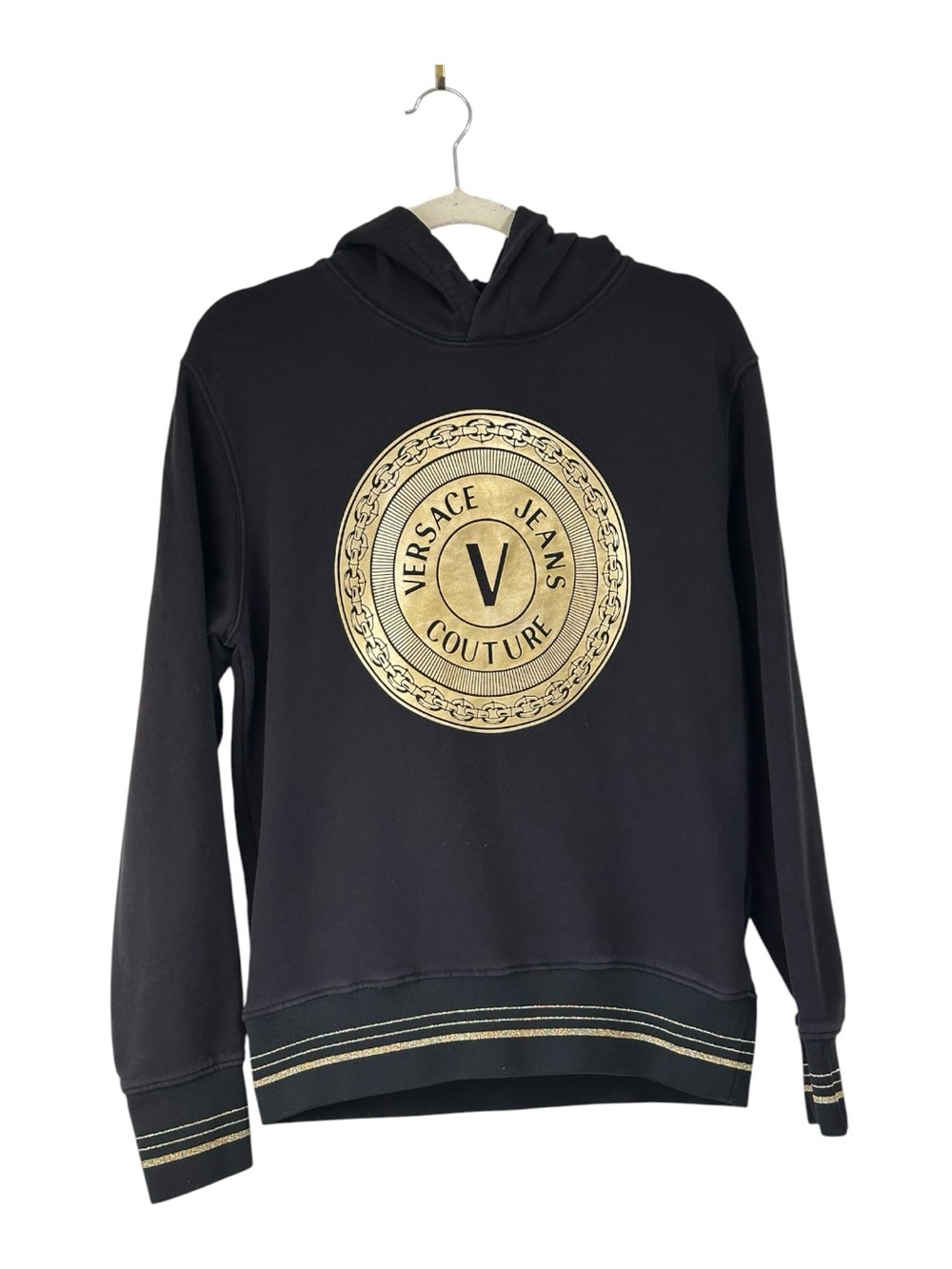 Versace Jeans Couture hoodie Sweatshirt, Black Cotton/ Gold Logo S/M. Preowned
